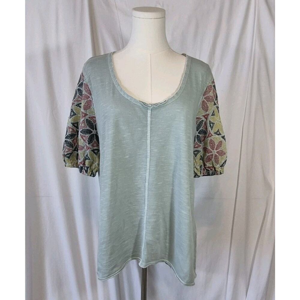 Sundance Mixed Print Embroidered Floral Sleeve Cotton Top Medium - Picture 1 of 9